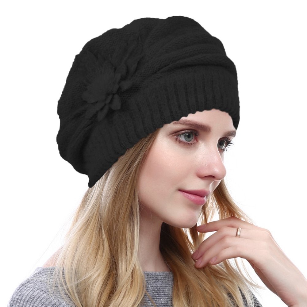 Women's Solid Knit Furry French Beret - Fall Winter Fleece Lined Paris Artist Cap Beanie Hat