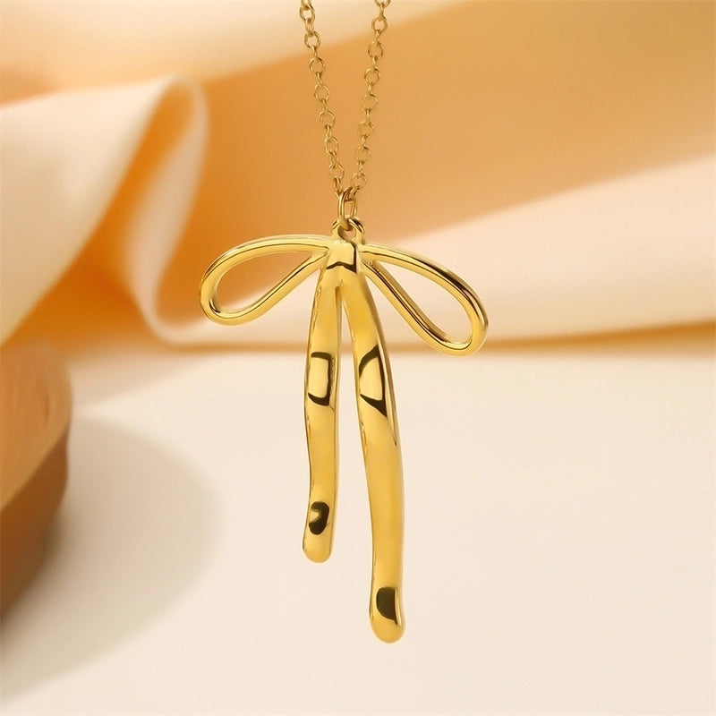 Elegant Princess Cute Bow Knot Titanium Steel 18K Gold Plated Pendant Necklace