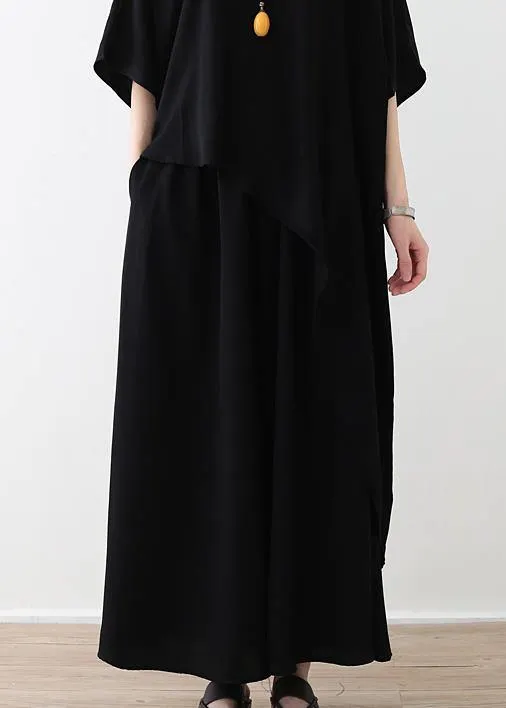 Chic black clothes 2019 Fabrics tops and wide leg pants asymmetric Plus Size Clothing Summer two pieces