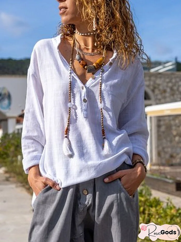 V Neck Basics Plain Long Sleeve Blouse