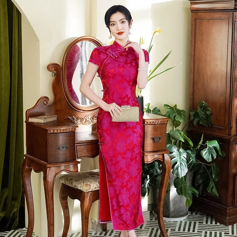 19 mome mulberry silk, floral pattern, high-end long Qipao