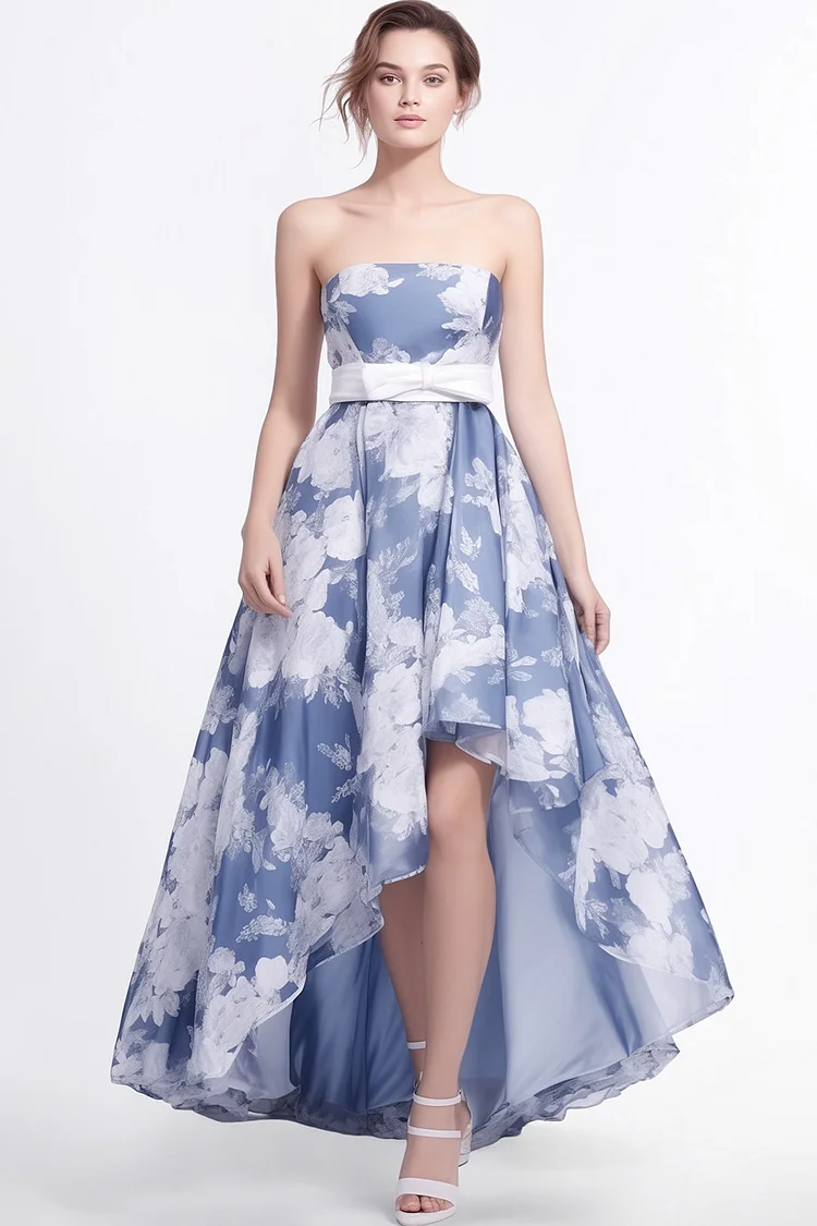 Zaruci Wedding Guest Blue Chiffon Floral Print Strapless Asymmetrical Maxi Dress [Pre-Order]