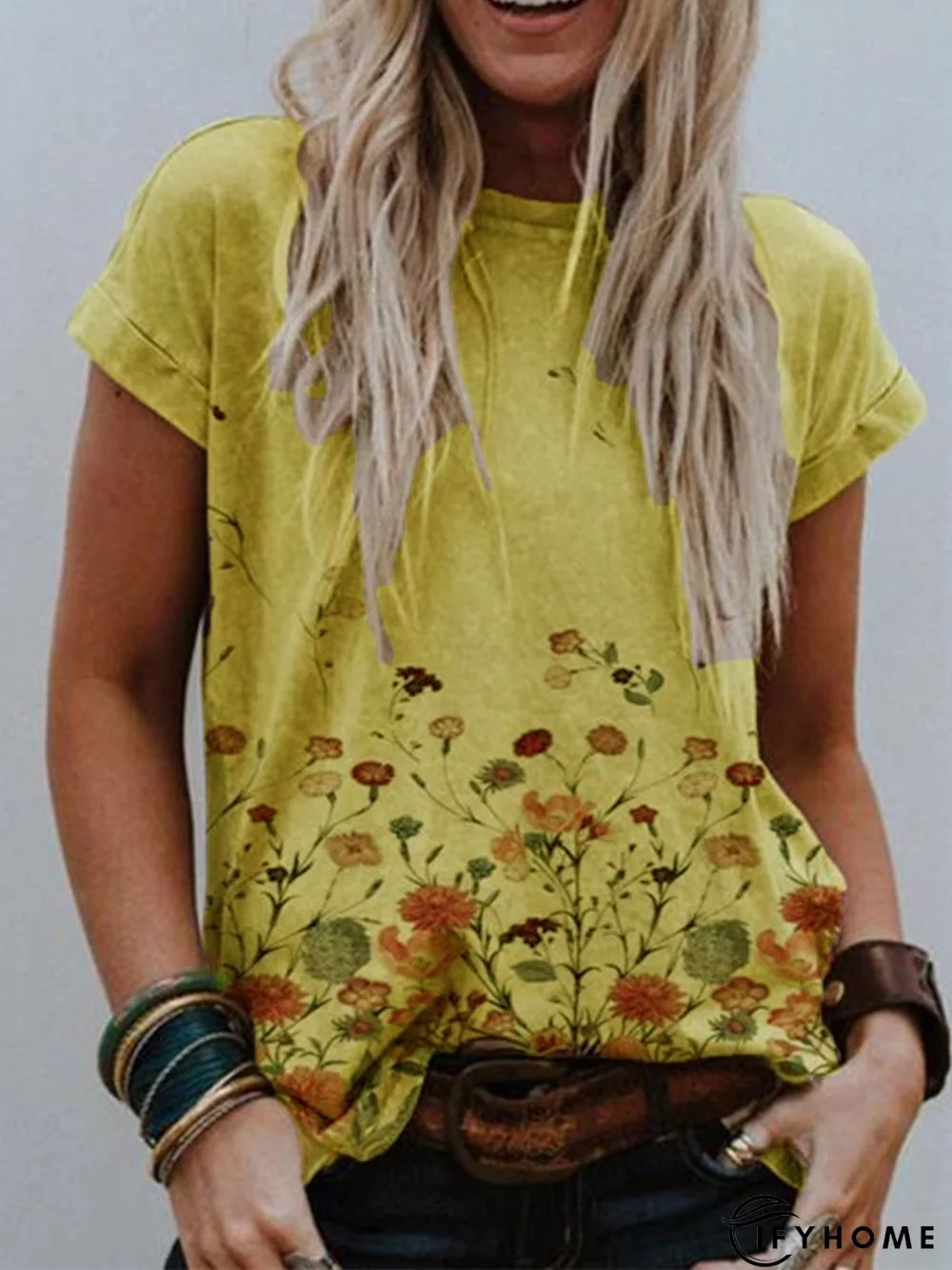 Women Simple Khaki Crew Neck Printed Plus Size T-shirt | IFYHOME