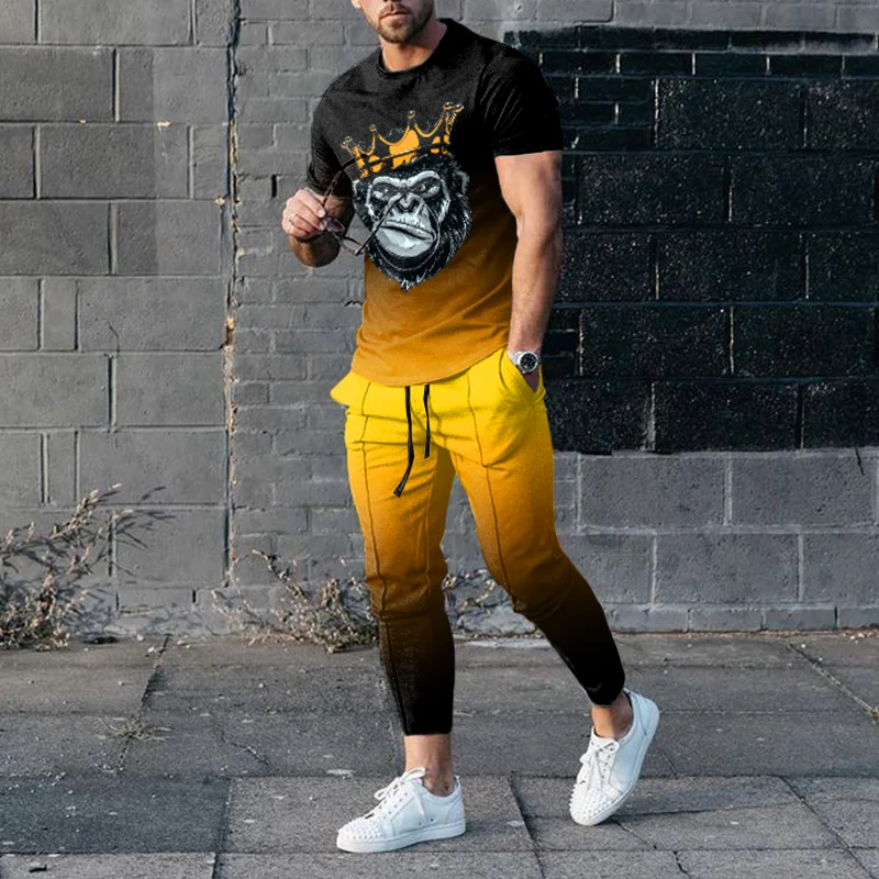 Black And Yellow Gradient Print Sports T-Shirt And Pants Two-Piece Set