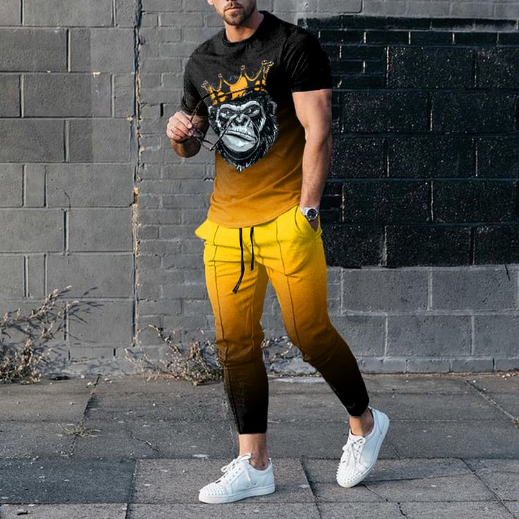 BrosWear Black And Yellow Gradient Print Sports T-Shirt And Pants Two Piece Set