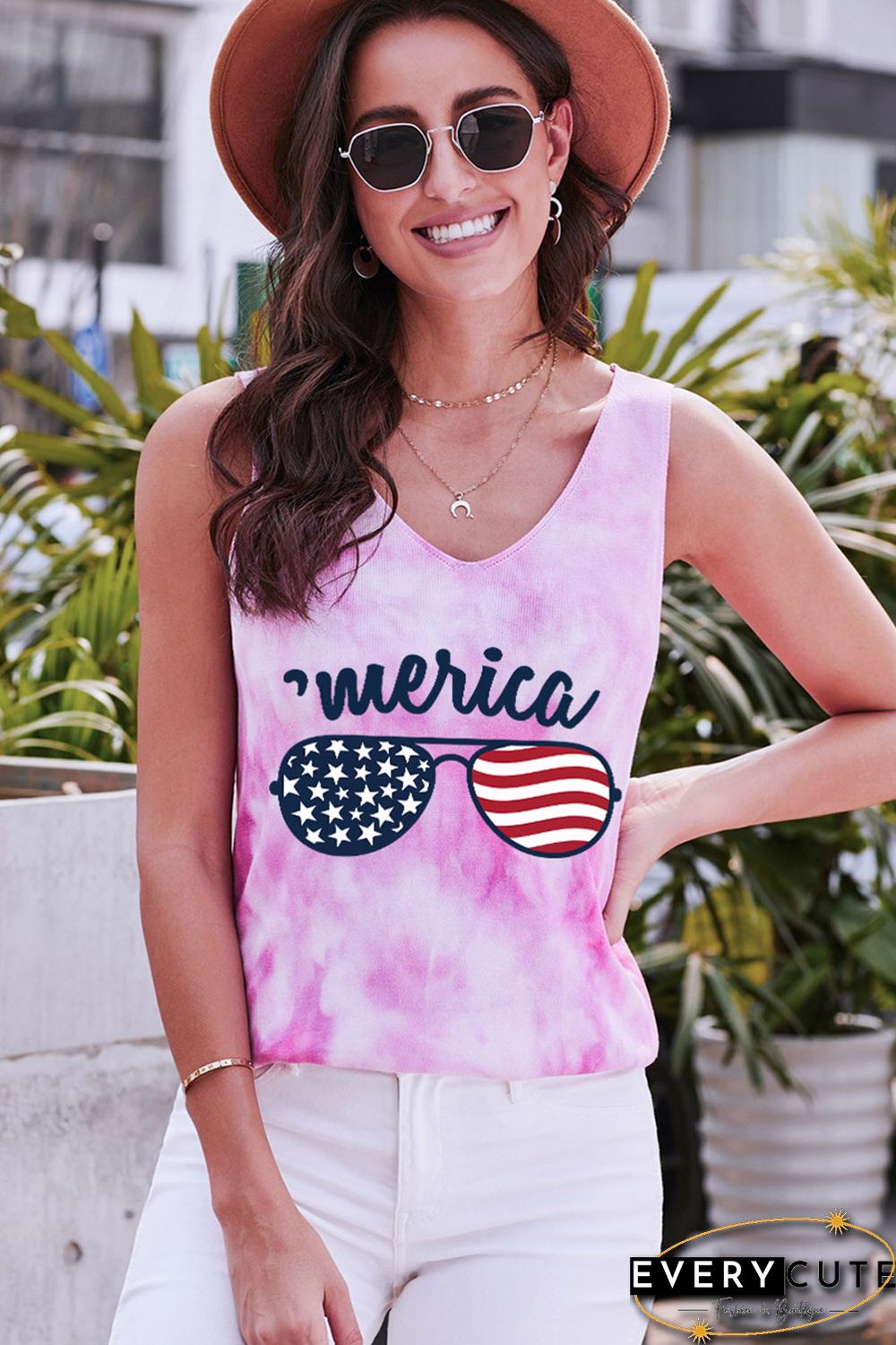 Pink America Flag Sunglasses Tie Dye Print V Neck Tank Top