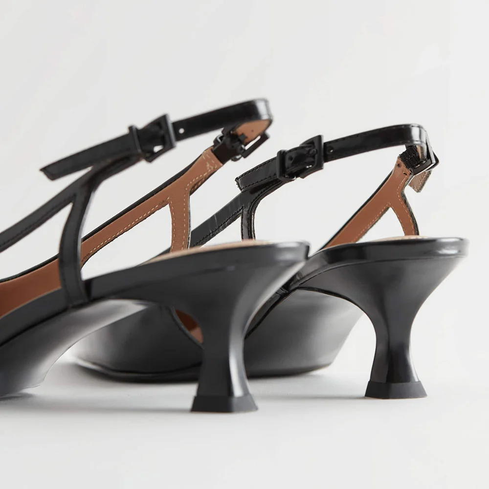 Black Patent Leather Buckle Pointed Toe Slingback Kitten Heel Pumps