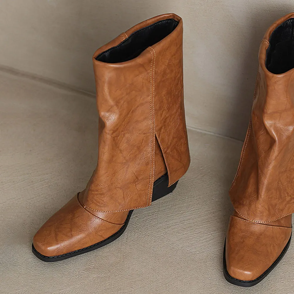 Fold Over Block Heel Snip Toe Mid Calf Slip On Tan Cowgirl Boots