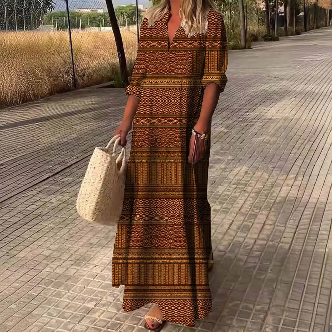 Women Checkered, Brown DZDN0332 SPU Printed Long Sleeve V-neck Maxi Dress