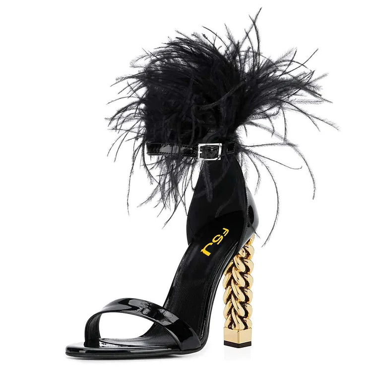 Women's Black Faux Feather Ankle Strap Heeled Sandals by FSJ |FSJ Shoes