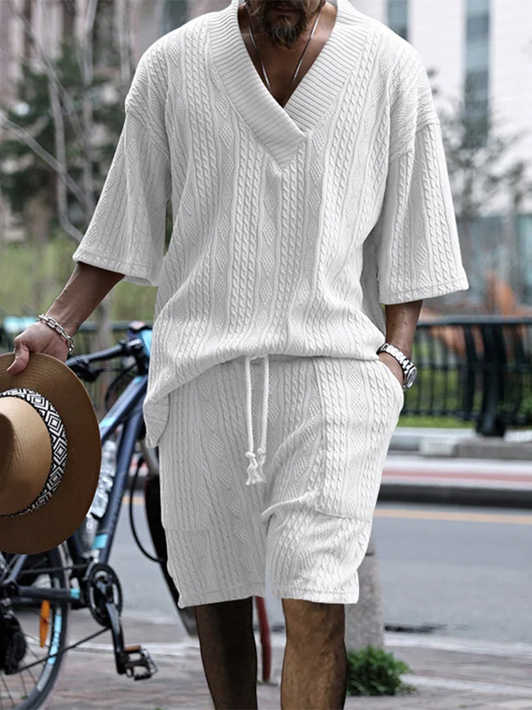 Men's Retro Jacquard Knit V Neck 3/4 Sleeve Shirt Drawstring Shorts Two Piece Set
