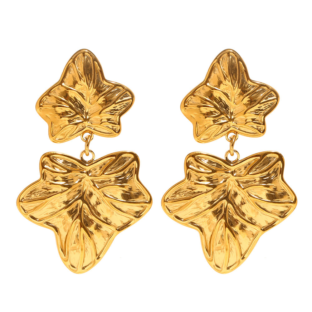 Ins Personality Retro Earrings Stainless Steel 18K Gold Plated Vintage Maple Leaf Texture Pendant Earrings Female