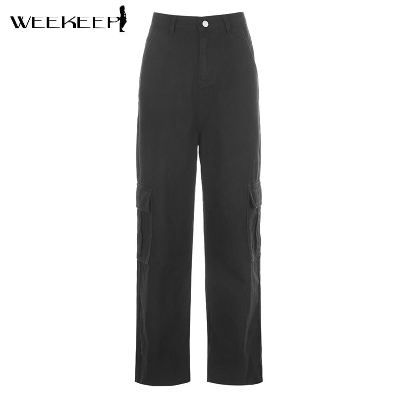 Weekeep Pockets Patchwork High Waist Jeans Women Streetwear Straight Jean Femme Blue 100% Cotton Cargo Pants