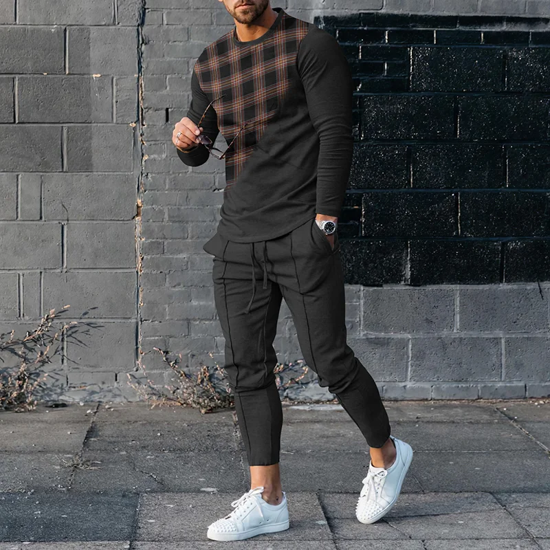 Men's Fine Plaid Splicing Casual Long Sleeve T-Shirt And Pants Two Piece Set
