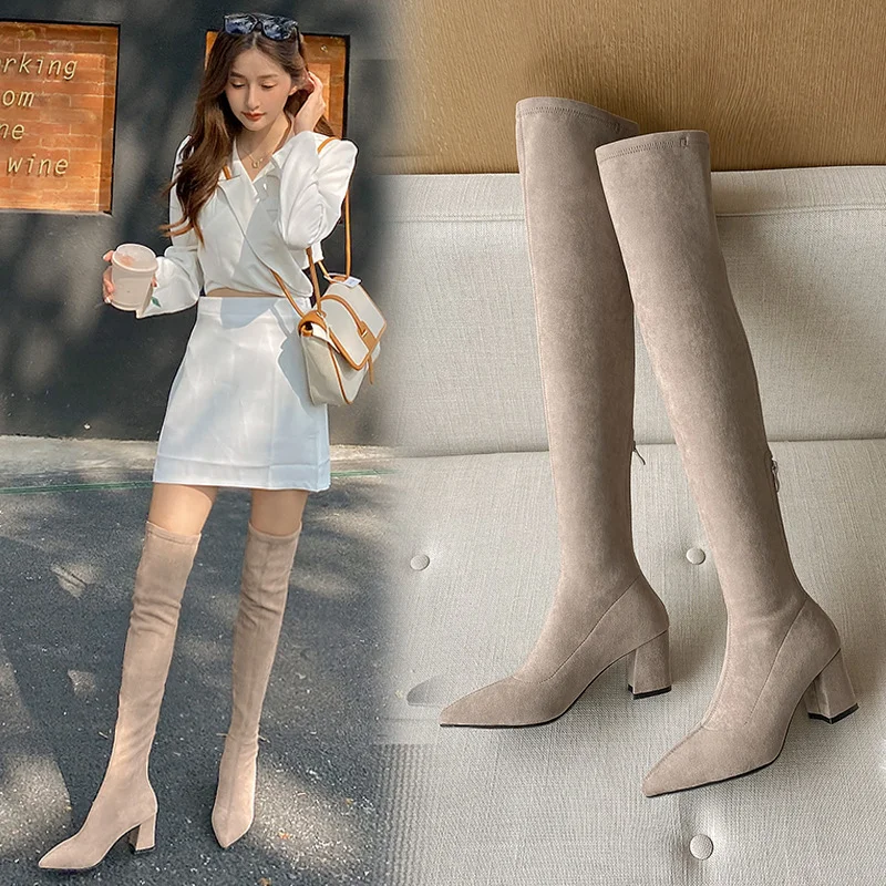 Breakj Breakj Boots Women's Elastic Boots Tips High With Boots Children Over The Knee Velvet High Boots Kaqi Color