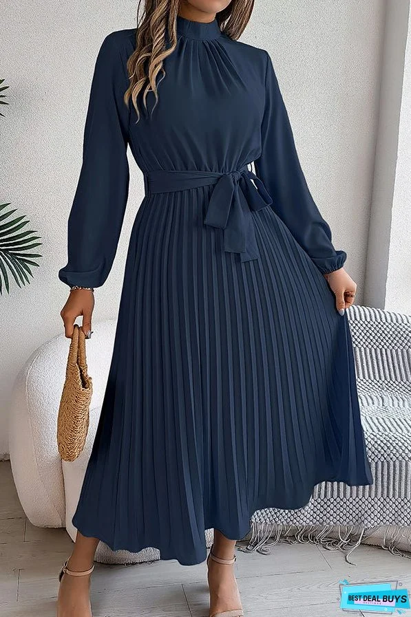Elegant Stand-collar Long-sleeve Waisted Tie-up Pleated Midi Dress
