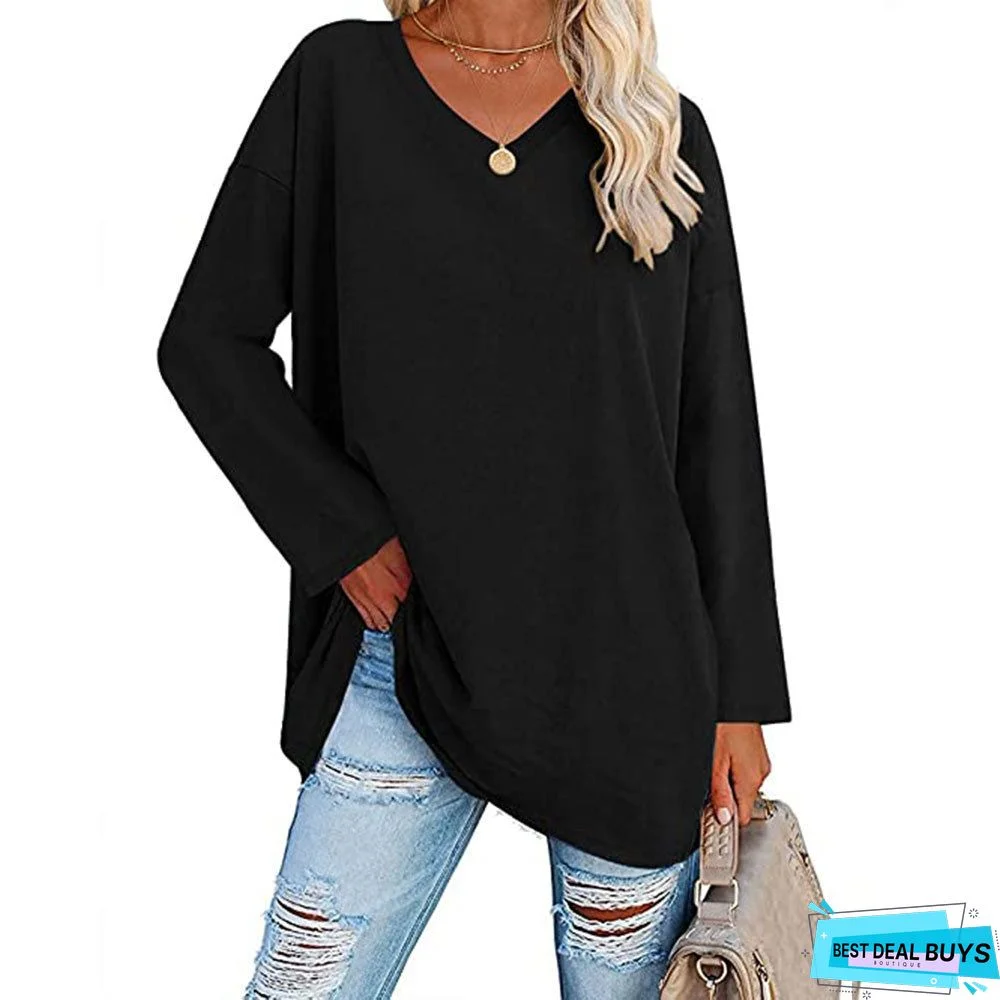 Solid Color Long Sleeve V-neck Dress