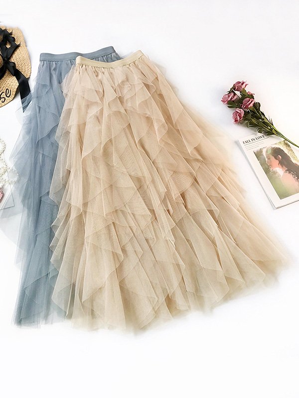 Solid Color Irregular Tiered Gauze Skirt