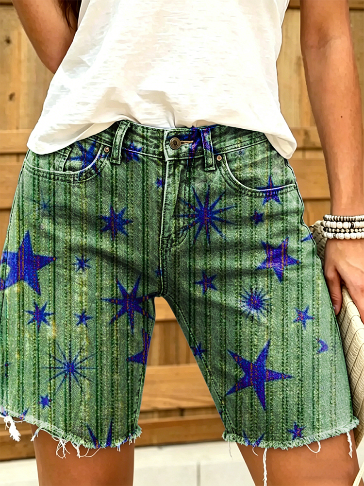 Women's Retro Star Art Print Casual Washed Cotton Denim Shorts