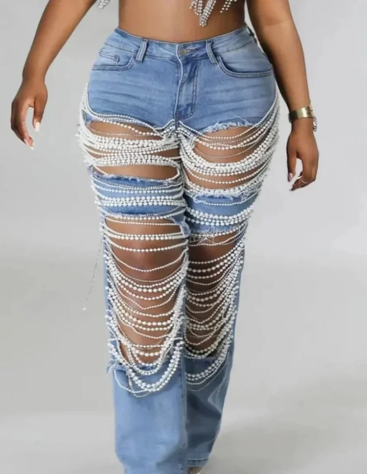 Free Shipping🔥 Stylish Multi-layered Pearl Chain Ripped Pocket Straight Jeans
