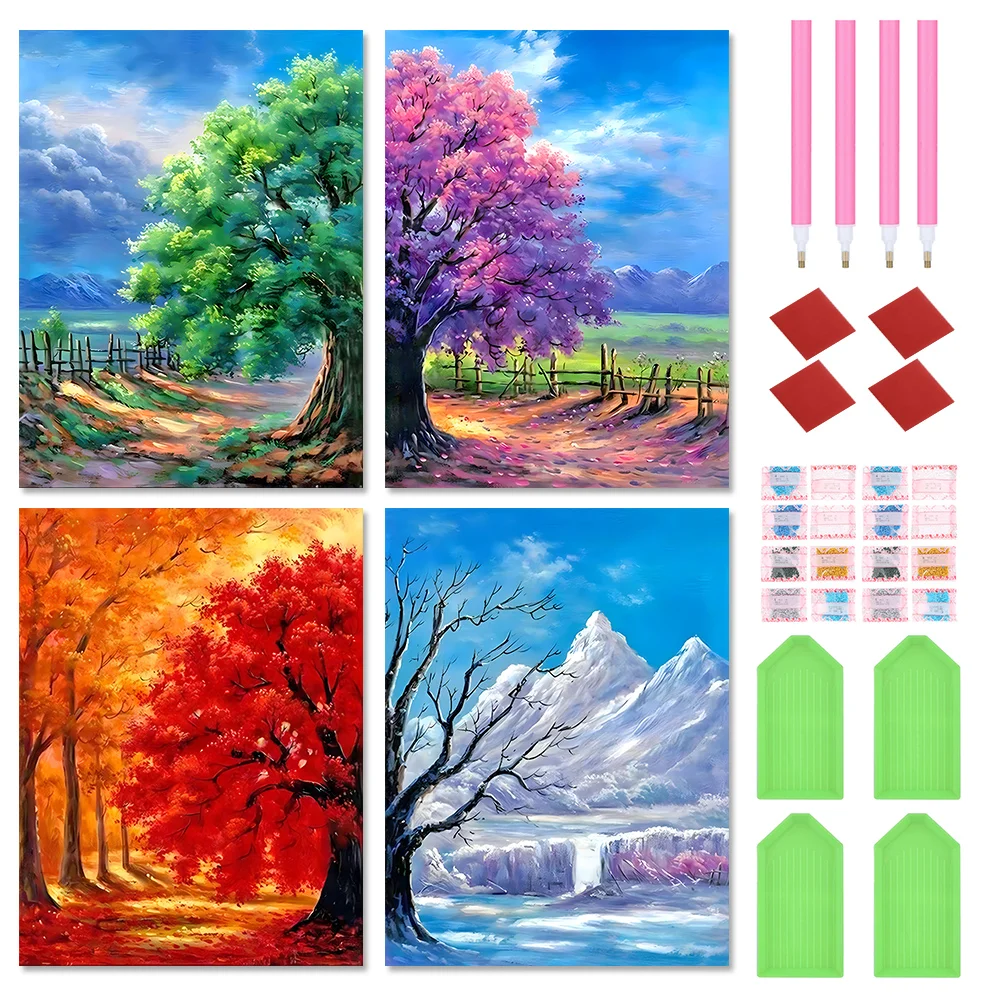 4pcs Diamond Painting - Full Round Drill - Four Seasons Tree(Canvas|30*40cm)