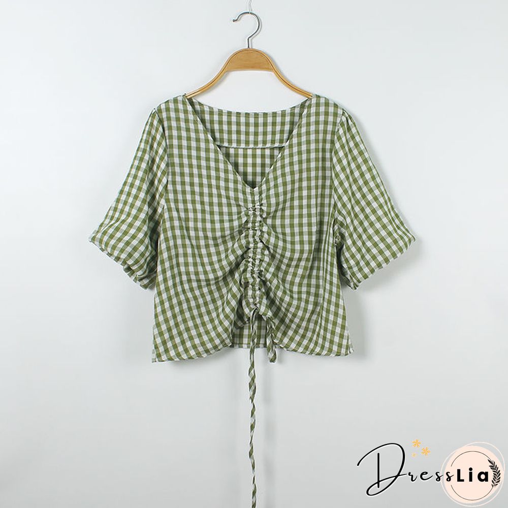 T-Shirts Womens Summer Crop Tops Plaid V-Neck Lantern Sleeve 2Xl Drawstring Slim Chic