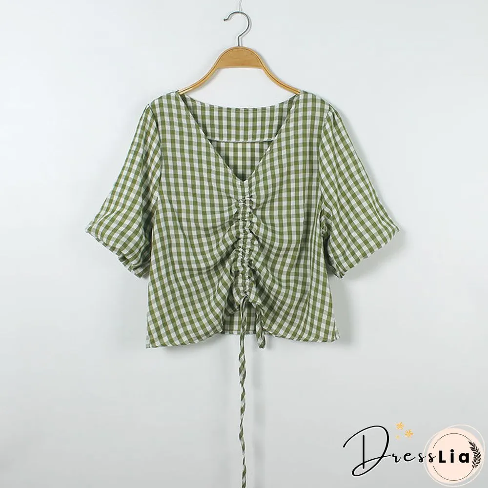 T-Shirts Womens Summer Crop Tops Plaid V-Neck Lantern Sleeve 2Xl Drawstring Slim Chic