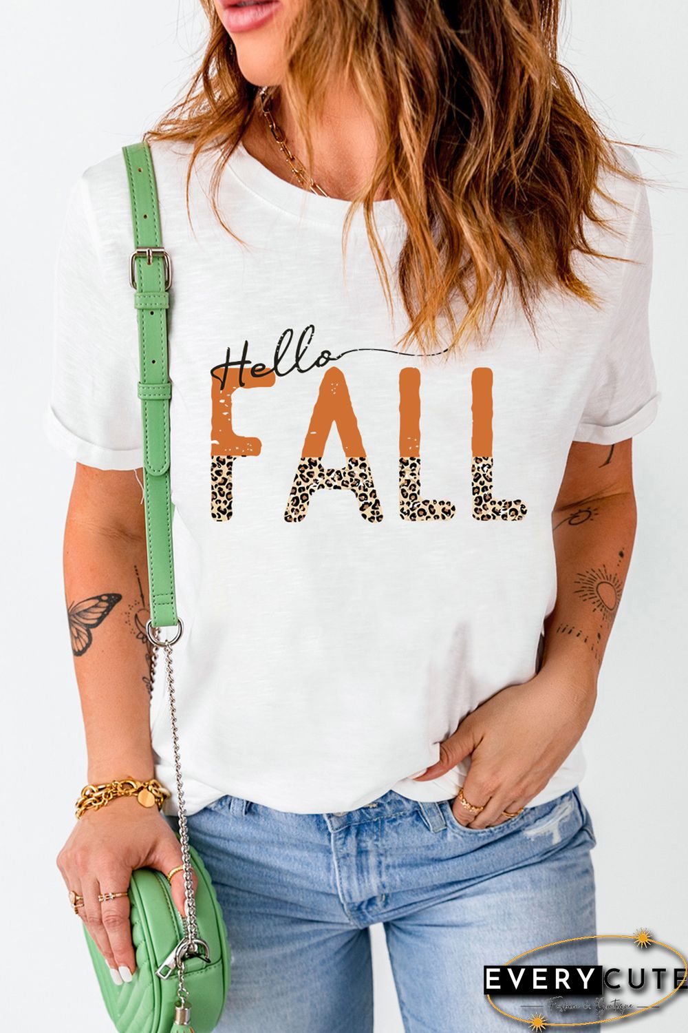 White Hello Fall Leopard Fun Graphic T Shirt