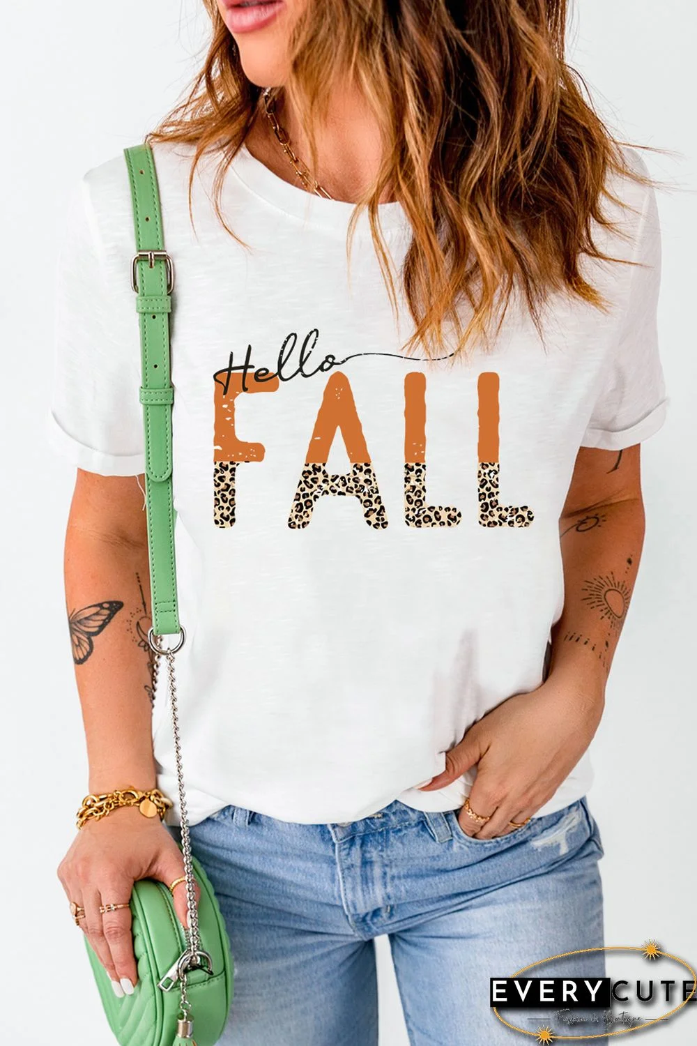 White Hello Fall Leopard Fun Graphic T Shirt