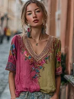 Women's Vintage Bohemian Floral Embroidery Art V-neck Linen Blend T-shirt
