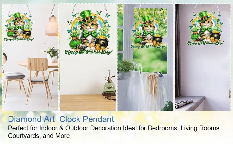 St Patricks Day Cat DIY 2D Flat Acrylic Diamond Painting Kits 5D Diamond Art Painting Window Pendants for Home Garden Wall Decoration