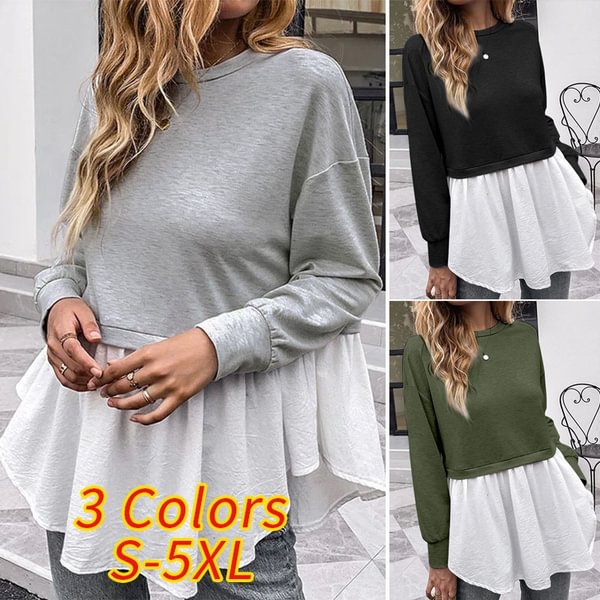 Women Long Sleeve Blouse Peplum Pullover Tops Crew Neck Ruffled Patchwork Casual Loose T Shirt Plus Size - Shop Trendy Women's Fashion | TeeYours