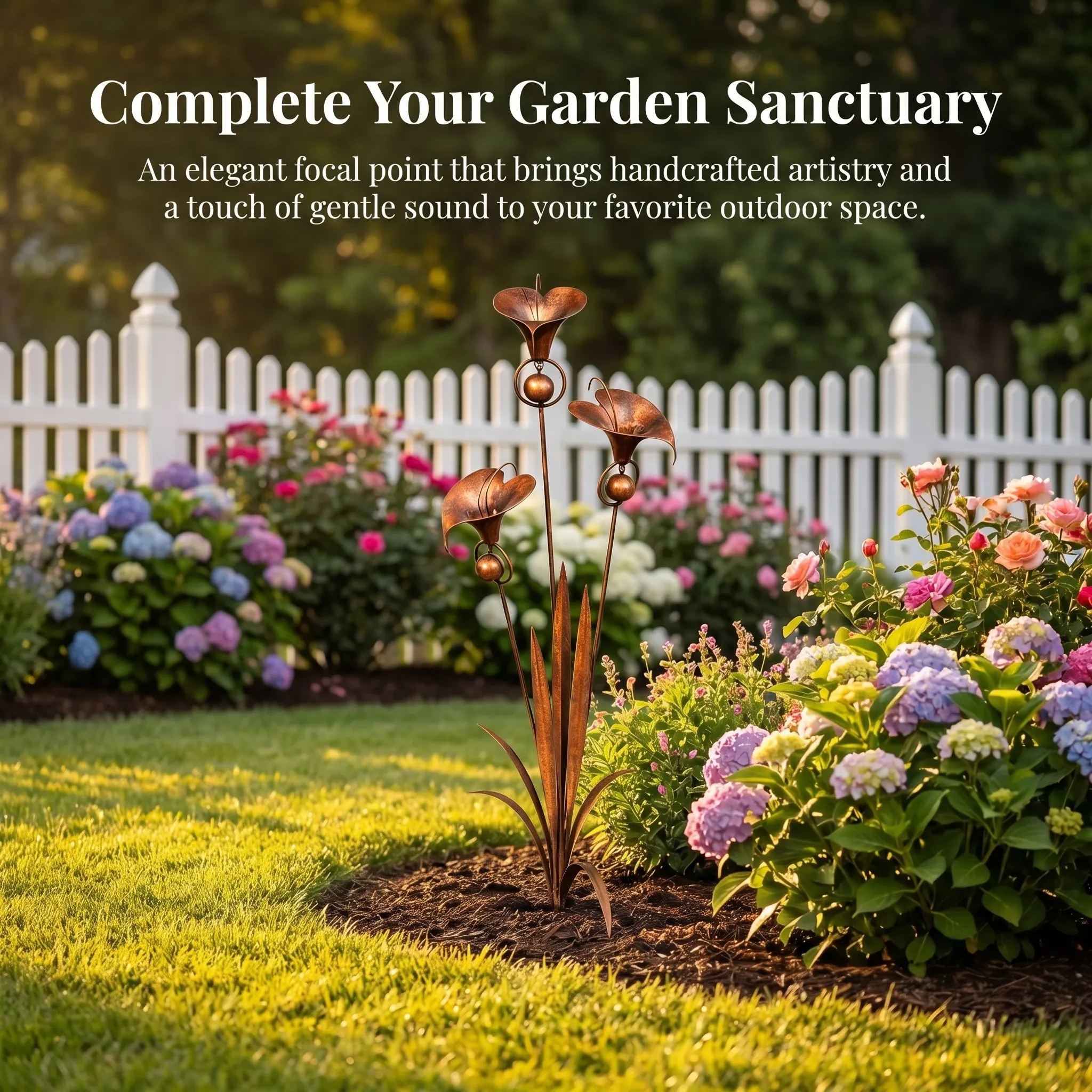 Flamed Copper Three Calla Lilies Garden Stake with Bells, 28" Handcrafted Outdoor Yard Art