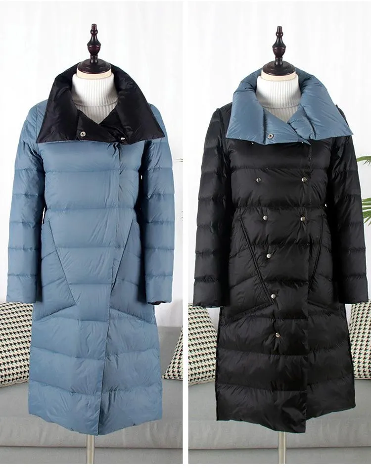 FTLZZ Duck Down Jacket Women Winter Long Double Sided Plaid Coat Female Plus Size Warm Down Parka Slim Outwear
