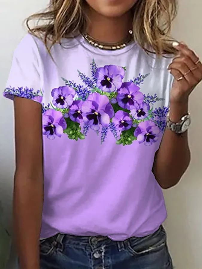Women's Purple Flower Alzheimer's Awareness Support  Casual O-Neck Tee socialshop