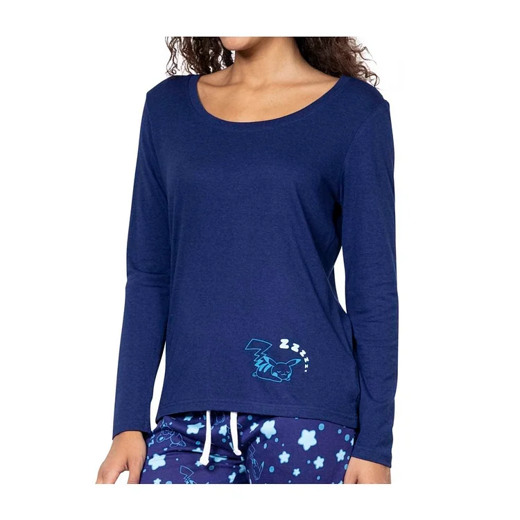 Pikachu Blue Relaxed Fit Scoop Neck Long-Sleeve T-Shirt - Women