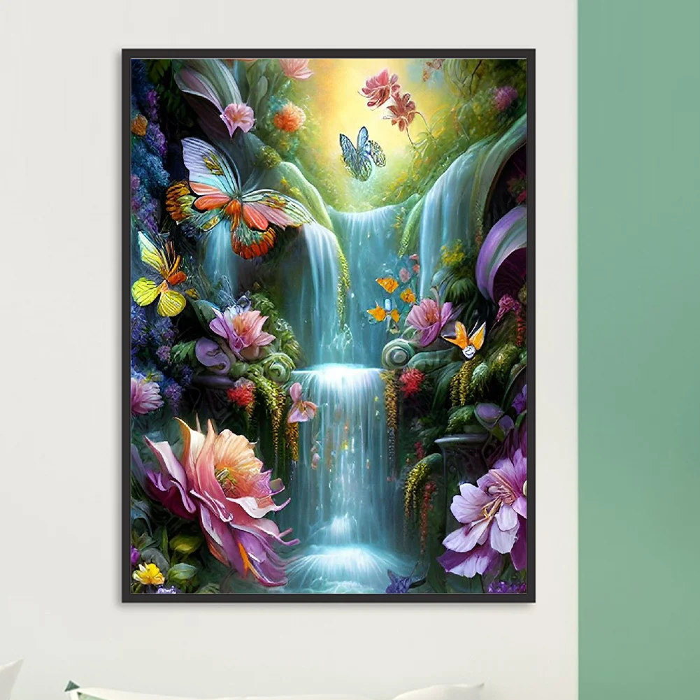 Diamond Painting - Full Round Drill - Flower Butterfly Waterfall(30*40cm)
