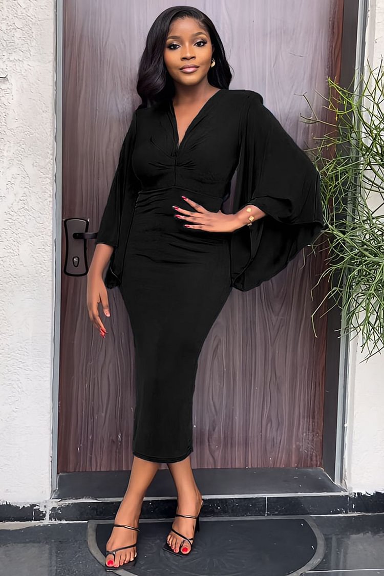 Flowy Bell Sleeve V Neck Elegant Bodycon Midi Dresses