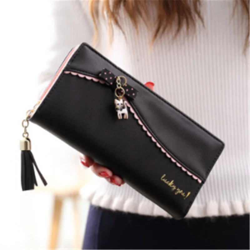 PU Leather Long Wallet Women Card Holder Purse Sweet Bow Cute Cat Pendant Tassel Ladies Clutch Phone Money Coin Bag Portemonnee
