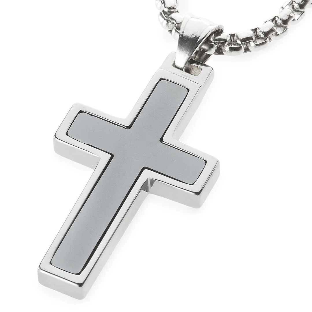 Women's Or Men's Unique Hematite Inlay Tungsten Cross Pendant Necklace Jewelry Gifts For Mens And Womens