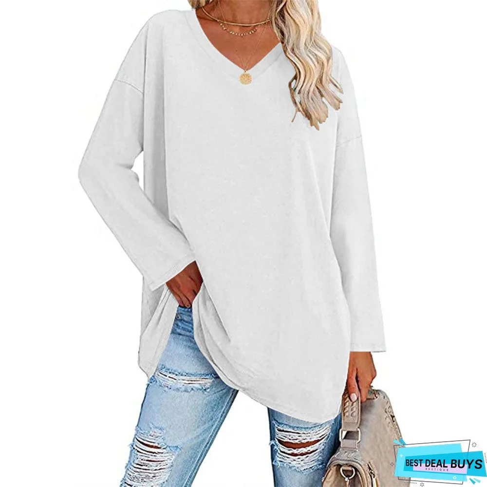 Solid Color Long Sleeve V-neck Dress