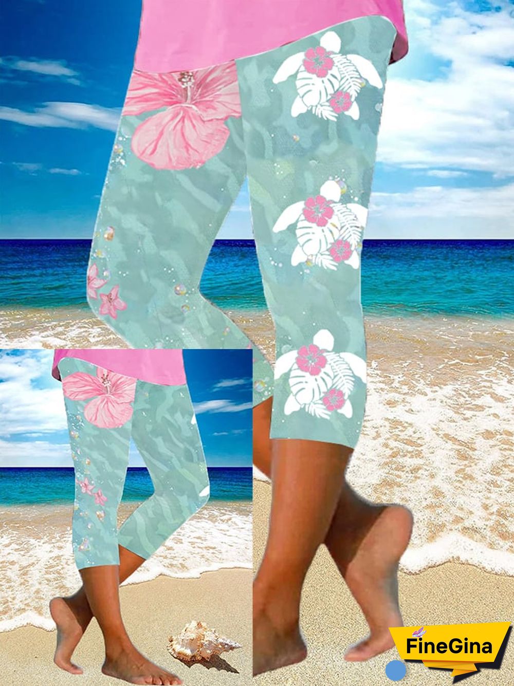 Women's Maui Lahaina Hibiscus Turtle Print Yoga Base Layer Cropped Pants