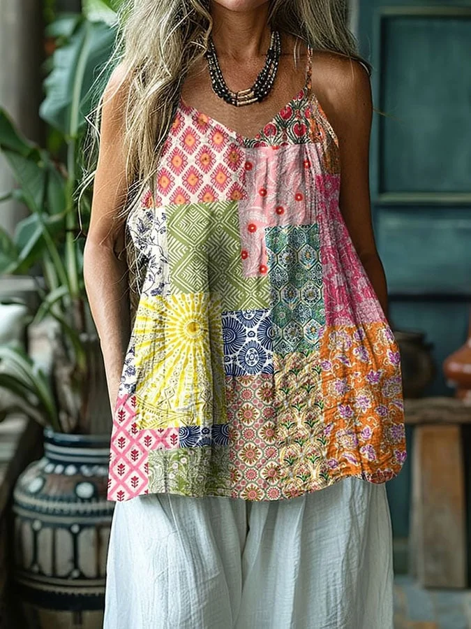 Women's Retro Contrast Floral Stitching Print Linen Tank Top 