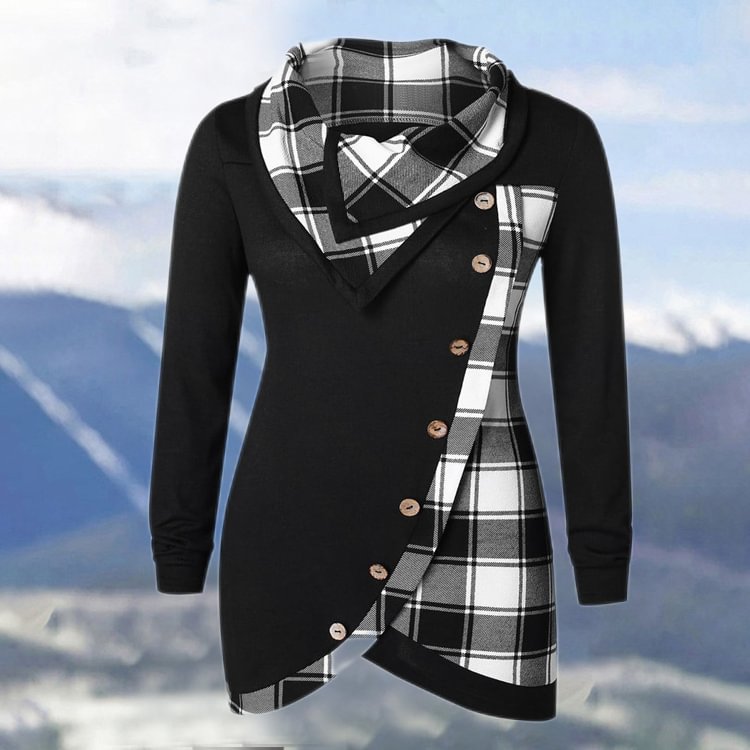 Casual Asymmetric Plaid Panel Sweatshirt