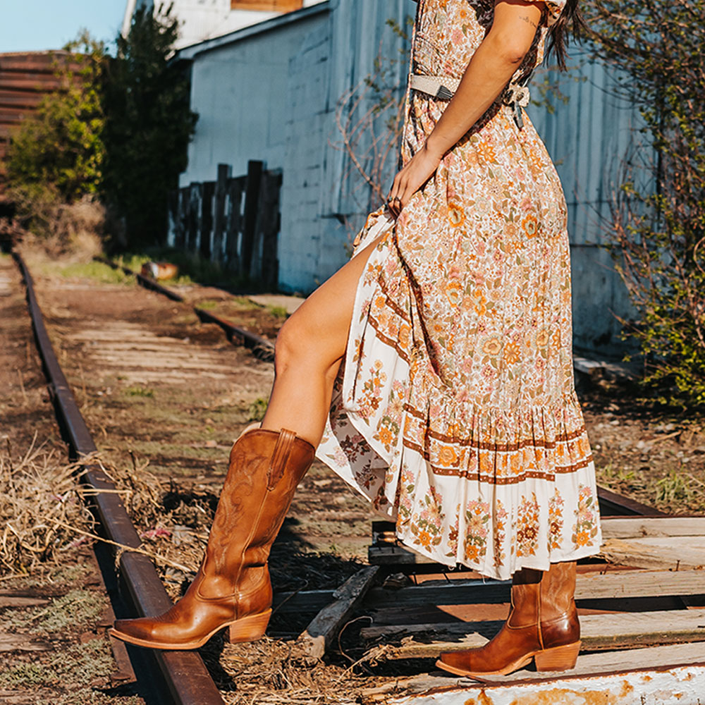 Brown Snip Toe Chunky Heel Wide Calf Knee High Cowgirl Boots