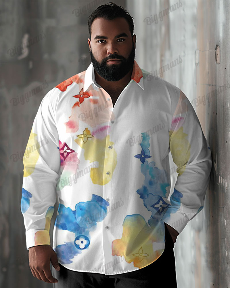 Plus Size Men's Casual Simple Geometric Pattern Tie Dye Print Lapel Long Sleeve Shirt