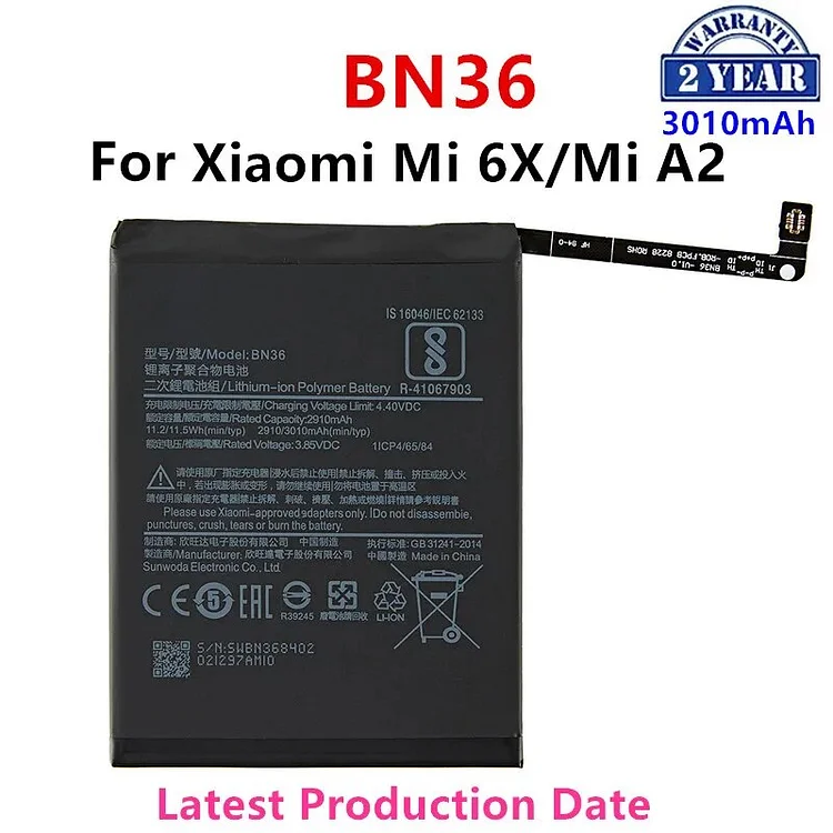 100% Orginal BN36 3010mAh Battery For Xiaomi Mi 6X Mi6X Mi A2 MiA2 BN36 High Quality Phone Replacement Batteries