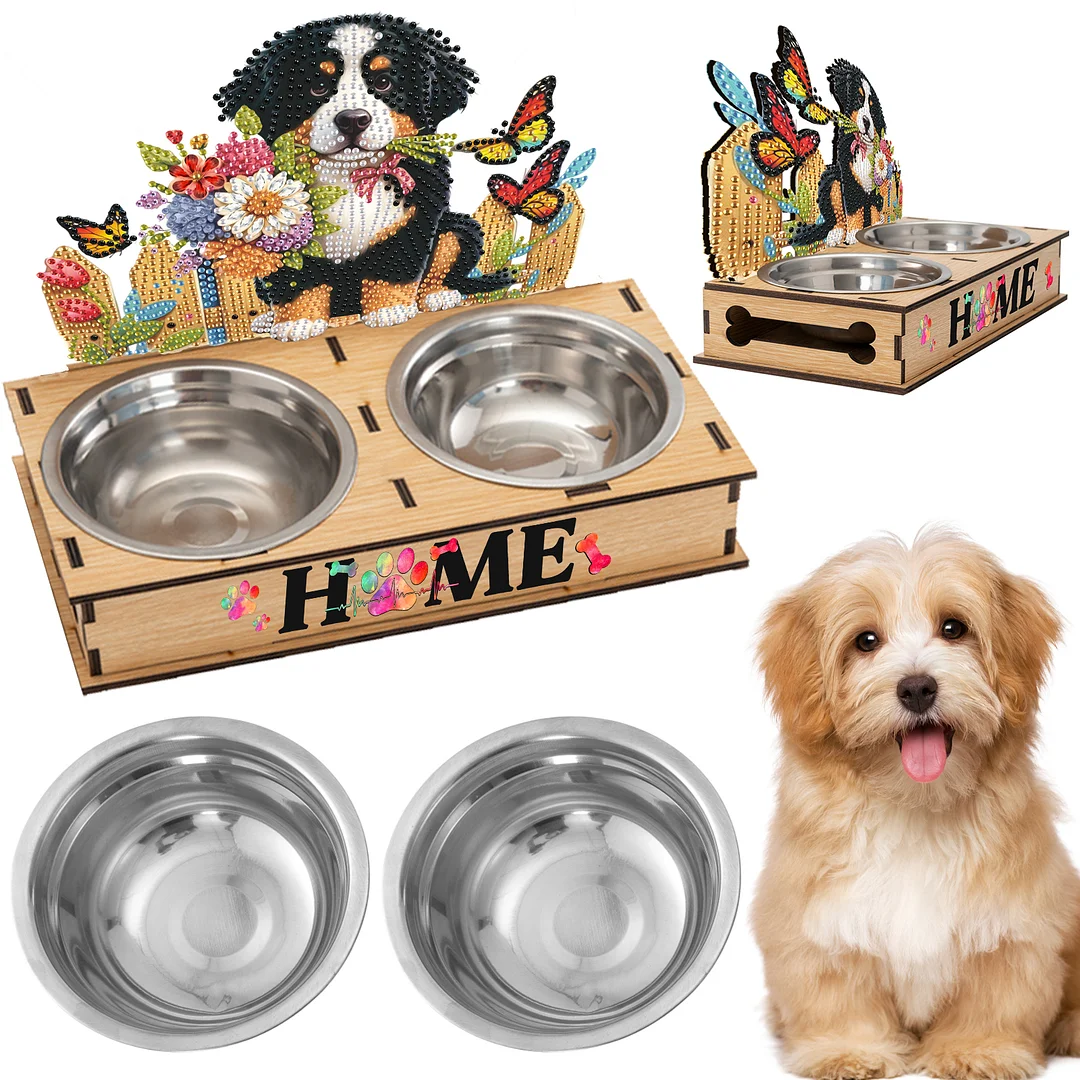 Diamond Painting Food Bowl with Wood Stand Diamond Art Dog Bowl for Small Dogs