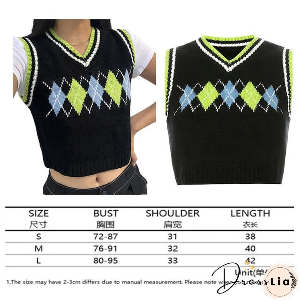 V Neck Vintage Argyle Sweater Vest Women Black Sleeveless Plaid Knitted Crop Sweaters Casual Autumn Preppy Style tops