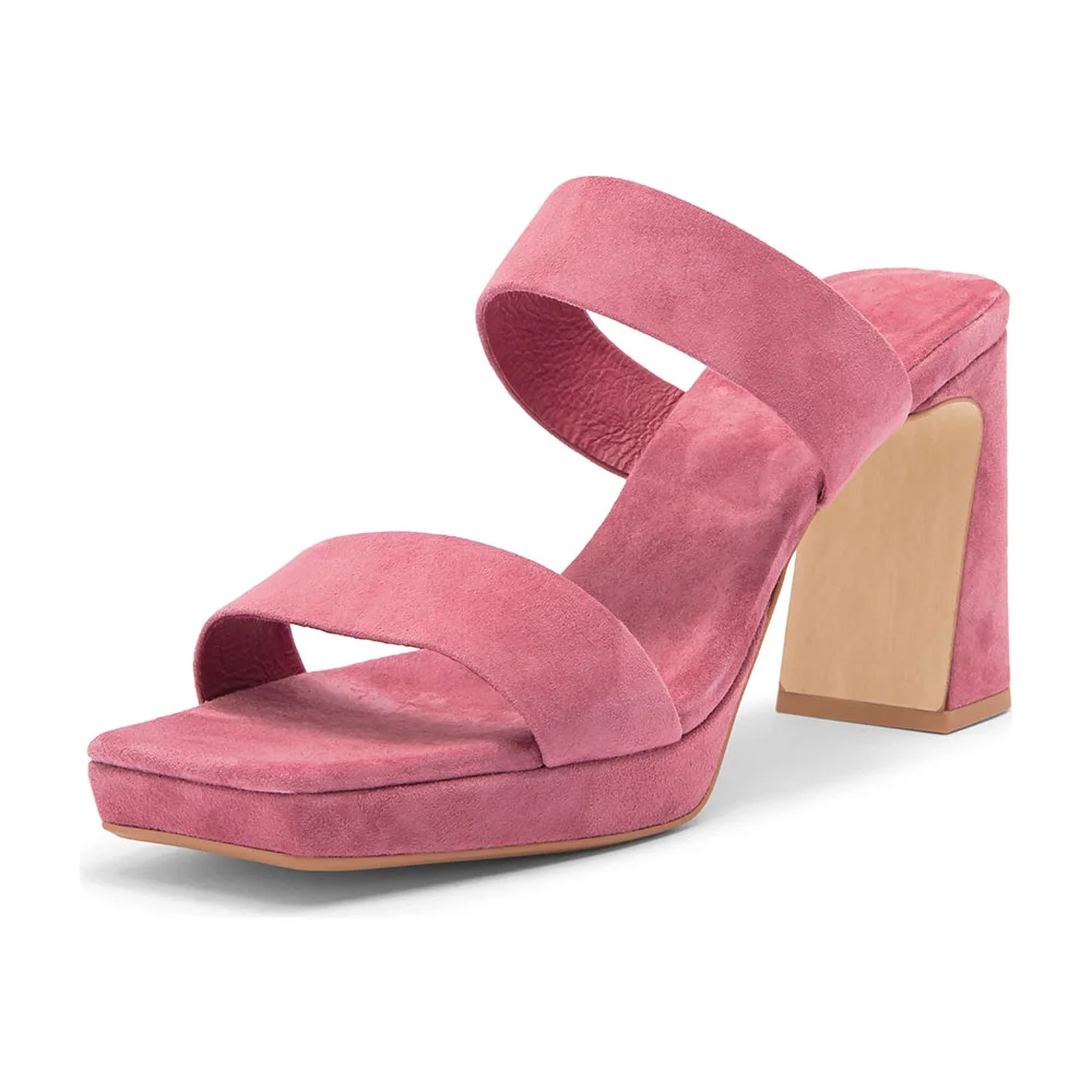 Pink Square Toe Chunky Heel Two Strap Slide Sandals with Platform